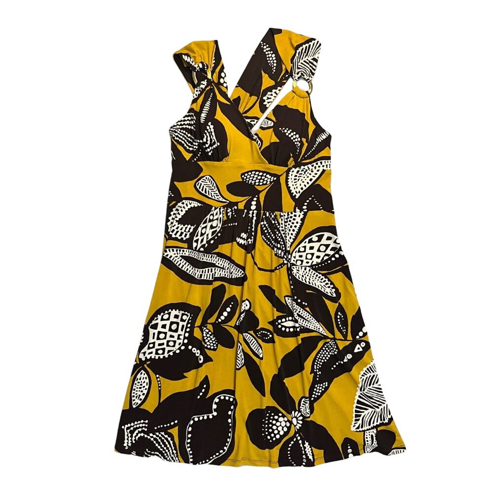 Bisou Bisou Women’s Size 10 Yellow Brown Floral Sleeveless Dress Gold Accent Y2K